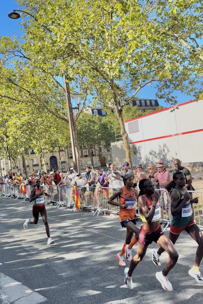 A four-way battle between Tigst Assefa (Ethiopia), Hellen Obiri (Kenya), Sifan Hassan (Netherlands), and Sharon Lokedi (Kenya) with under 2 km to go in the women's Olympic marathon.