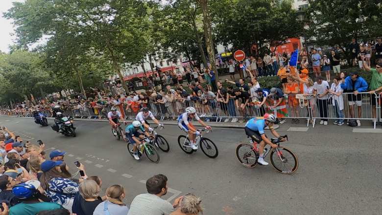 Remco Evenepoel (Belgium) was leading all racers with 1.5 laps of the final circuit remaining in the Paris Olympics men's cycling road race.