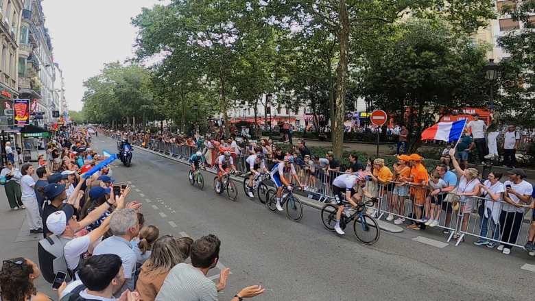 Matteo Jorgensen (USA) leading a group of chasers during the last circuit of the men's Olympic cycling road race.