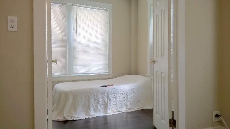 minimalist bedroom; white twin airbed