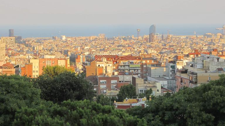 The view of Barcelona during a sunset.