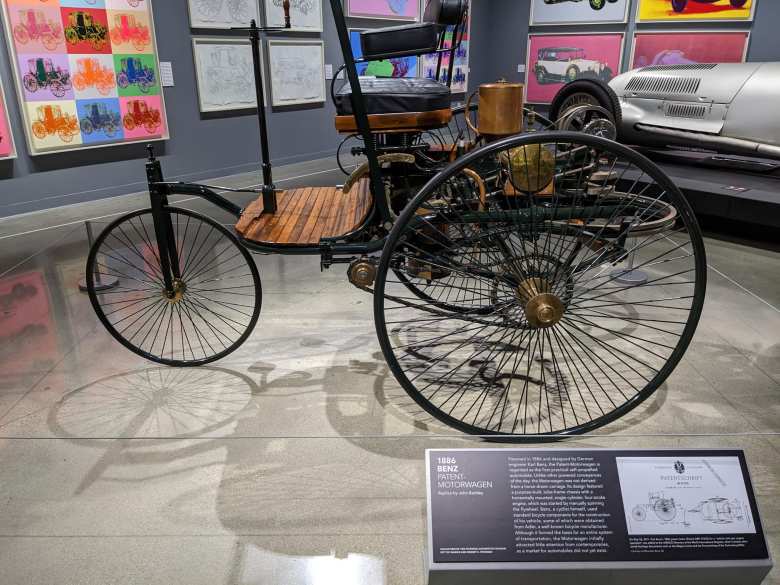 A replica of the 1886 Benz Patent-Motorwagen, regarded as the first practical self-propelled automobile.