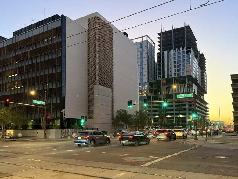 Downtown Phoenix at sunset, as seen from Van Buren and 1st Avenue. Downtown Phoenix at sunset, as seen from Van Buren and 1st Avenue.