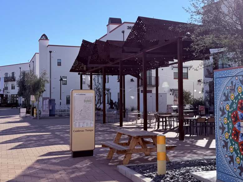 An outdoor gathering place at Culdesac Tempe. An outdoor gathering place at Culdesac Tempe.