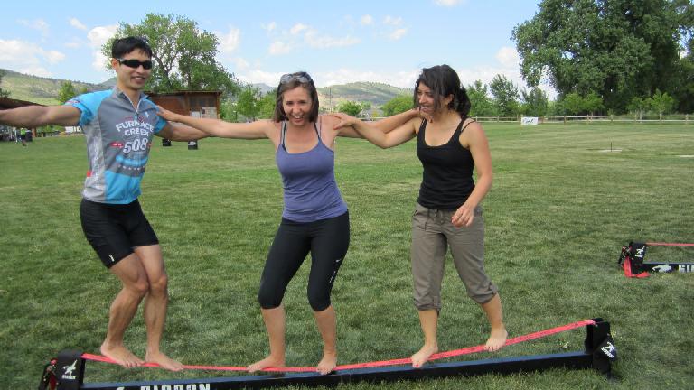 Felix, Diana and Lauren on the slack line at Outdoor Day.