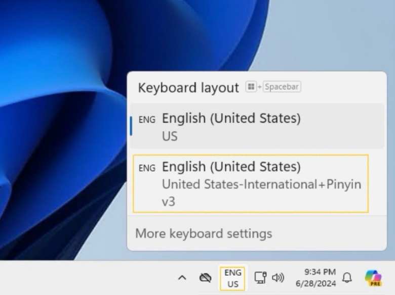 The United States-International+Pinyin v3 keyboard in the Windows 11 system tray.