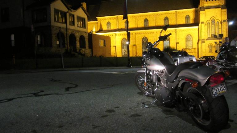 A cruiser bike in front of the 24 Hour Chapel.