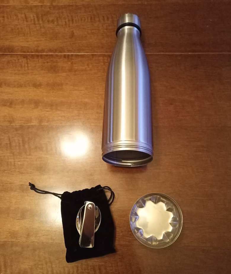 My first foray into using a plastic-free water bottle was this stainless steel water bottle with a hidden compartment that I would keep a foldable metal fork in.