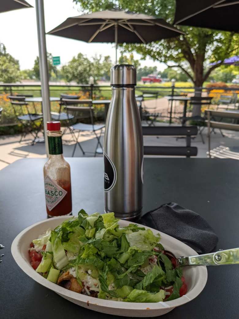 Later, I even stickered the water bottle. Here it is with a burrito bowl from Chipotle.