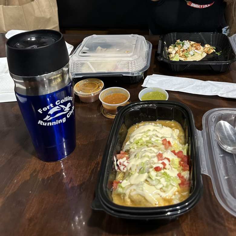 Sadly, this would be penultimate time I would use my Fort Collins Running Club water bottle before losing it: eating lunch Las Delicias in Fort Collins with Andrea.
