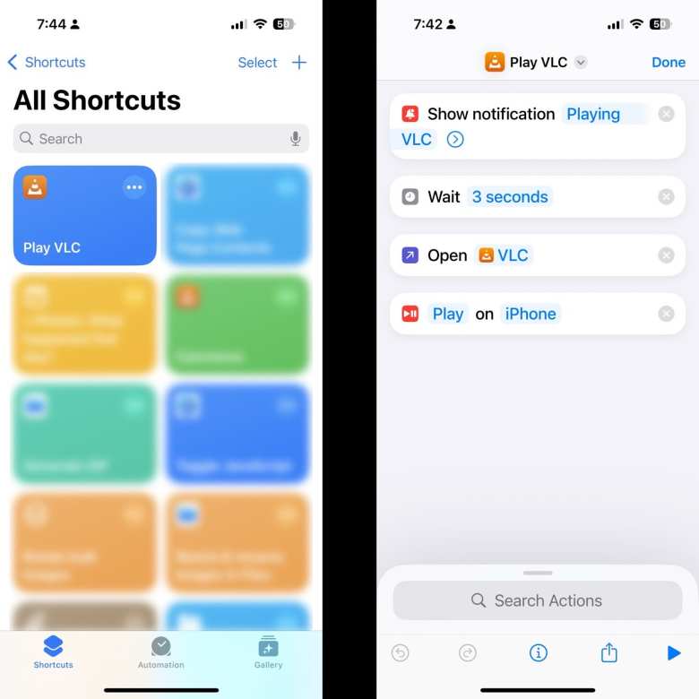 The Apple Shortcut I created to launch and play VLC (for use when, for example, the car connects to Bluetooth).