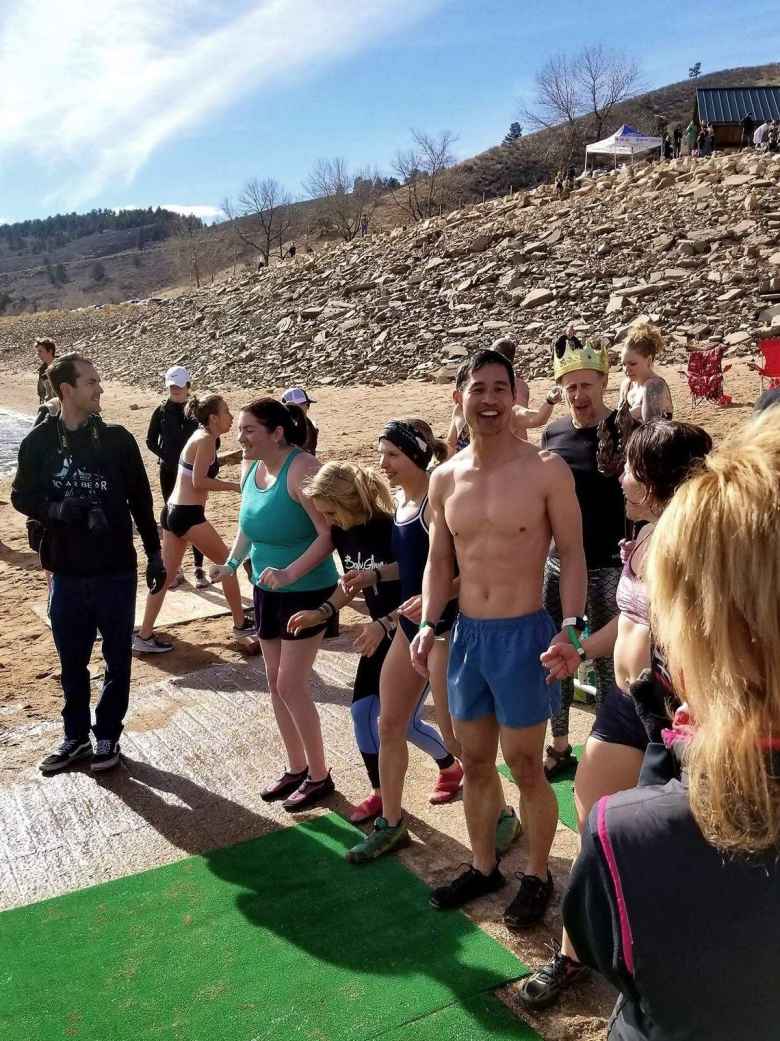 Sara, Emily, Kristina, Felix, and Jennifer moments away from doing the 2019 Polar Bear Plunge at the Horsetooth Reservoir South Bay in Fort Collins.