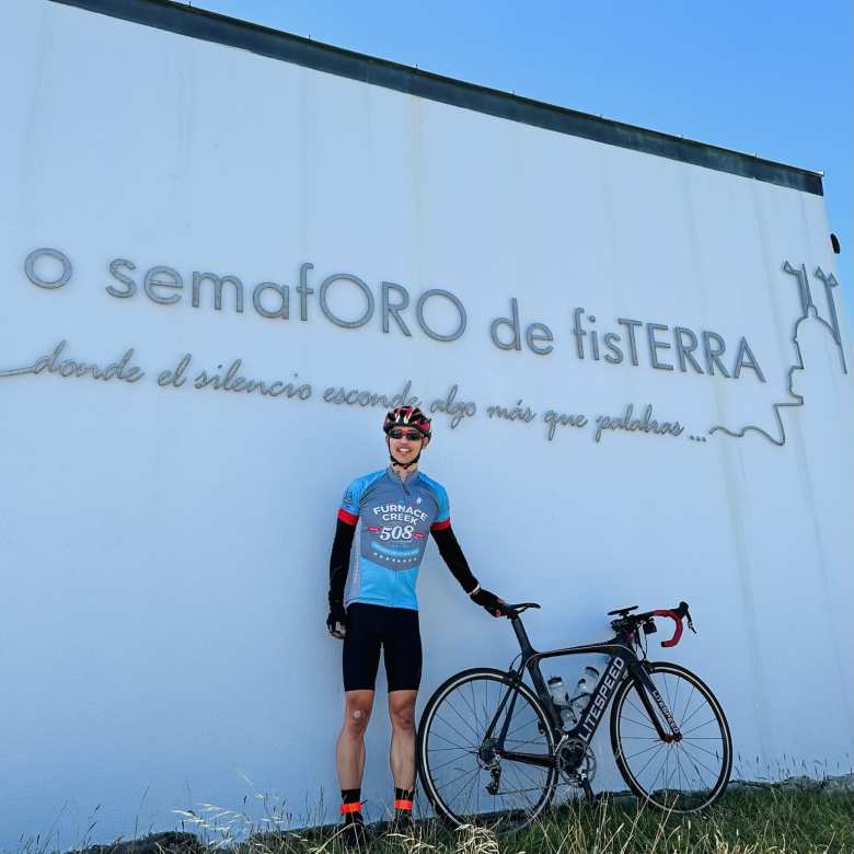 After biking 156 km from Pontevedra, I made it to Fisterra! Here I am wearing a Furnace Creek 508 jersey with my Litespeed Archon C2.