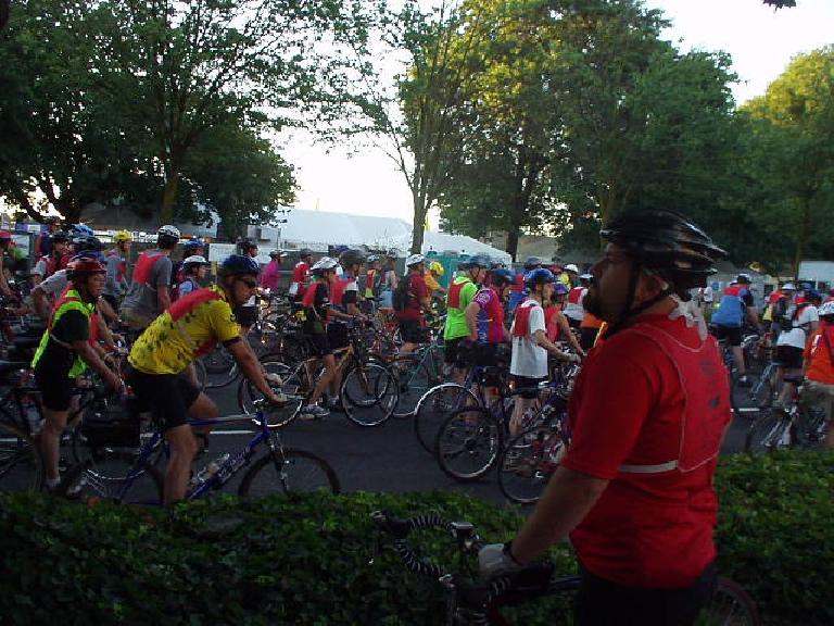 Mike looks on as 18,000 riders congregate for the 10th annual Providence Bridge Ride in Portland.