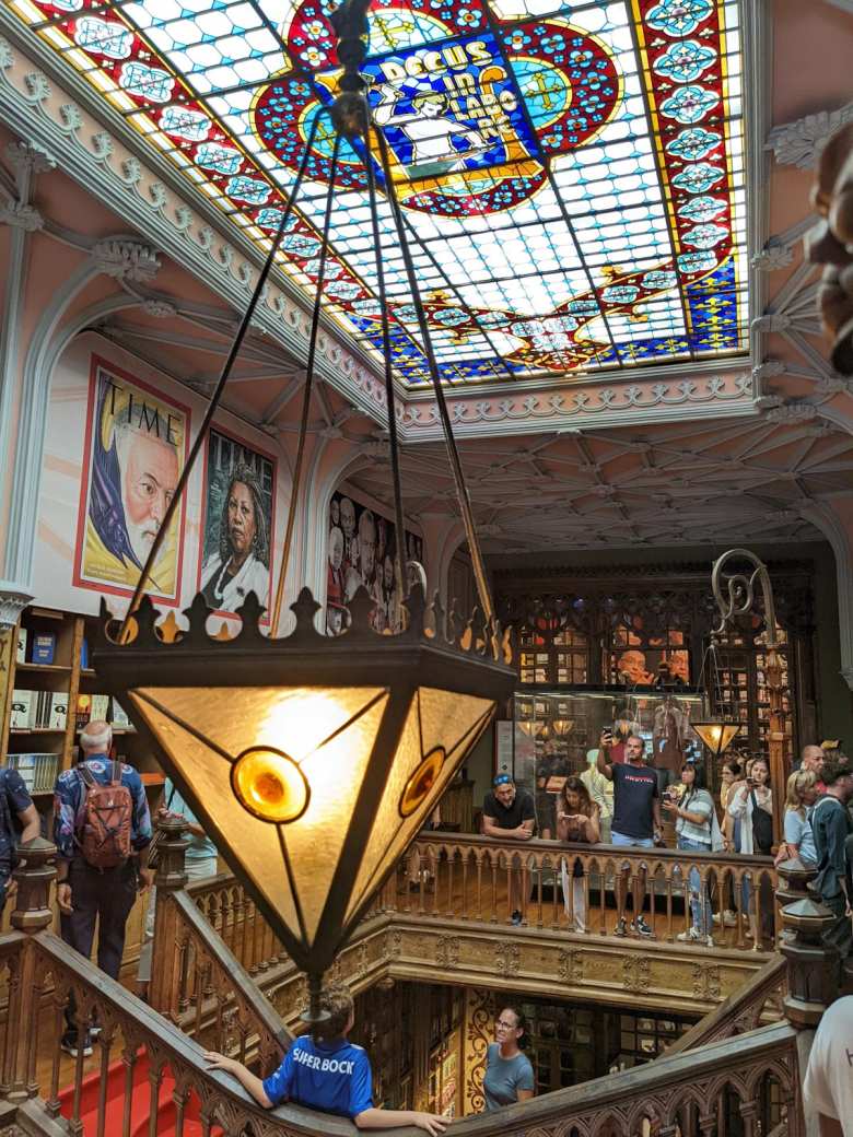 The stained glass roof of the Lello Bookstore.
