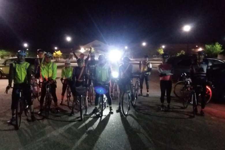 Rocky Mountain Cycling Club cyclists at the 4:00 a.m. start of the brevet in Louisville, Colorado.