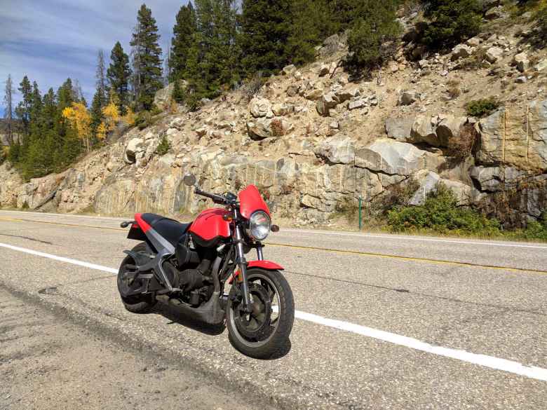 My red 2003 Buell Blast at Poudre Falls.