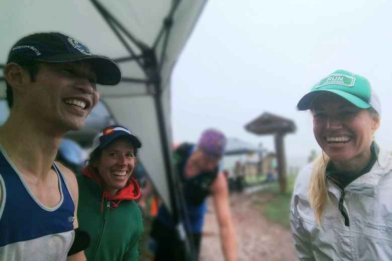 Felix with Jennifer and Amber, who were volunteering at the Arthur's Rock Trailhead aid station.