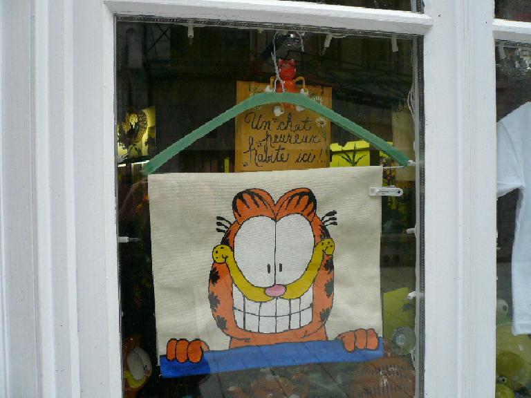 a cloth depicting Garfield the cat hung up on a green hanger in a storefront window in Quebec City