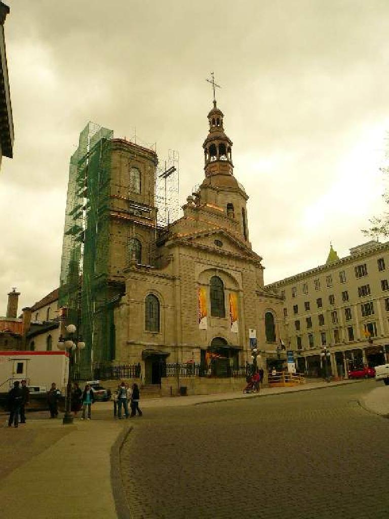 A church undergoing repair or reconstruction in Quebec City.