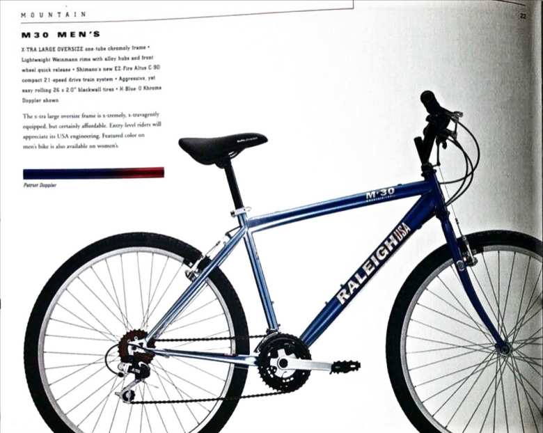 The Raleigh M30 rigid mountain bike as shown in the 1996 Raleigh USA Bicycle Company buyer's guide.