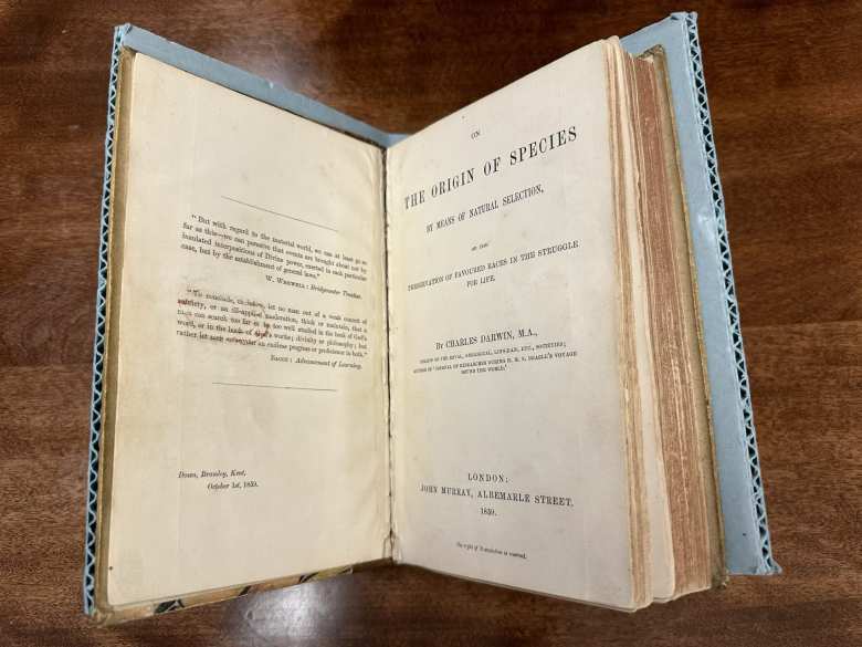 This 1859 copy of Darwin’s Origin of the Species was printed on pages made from wood pulp. Wood pulp books typically last only 200 years.