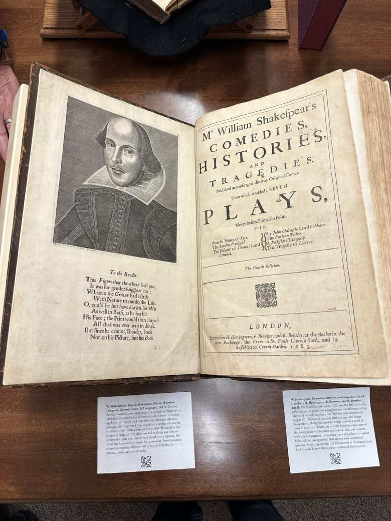 When William Shakespeare was alive, the manuscripts of his plays were torn up and not kept so that competing theaters could not copy him. After his death, collaborators created this portfolio of his plays in 1623 for posterity.