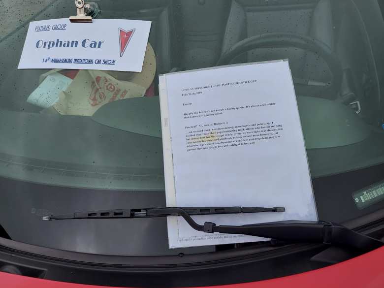 Kent put an excerpt from my article about the Pontiac Solstice GXP on his windshield at the 14th Williamsburg Invitational Car Show.