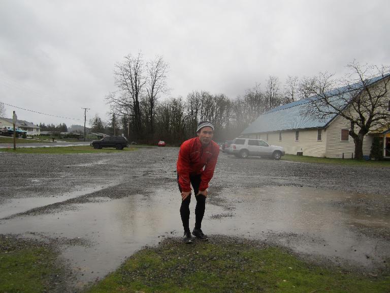 How the skies and ground looked like at the finish. The rain got progressively worse and worse during the run and I'm glad I wore as much as I did.