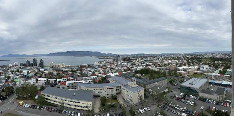 A panoramic view of Reykjavik from the Hallgrímskirkja church bell tower.