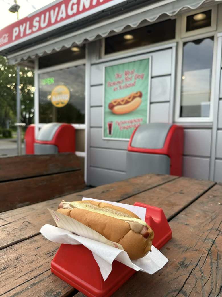 After swimming at the Laugardalslaug pool, I bought a traditional Icelandic hot dog from a stand outside the facility.