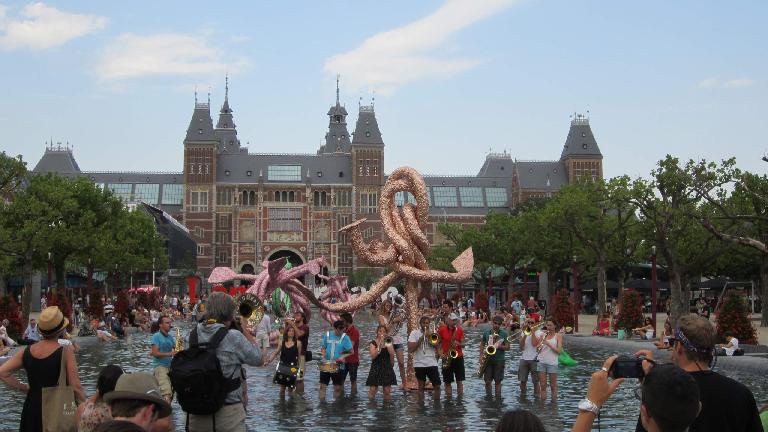 Band playing in a fountain in front of Rijksmuseum.