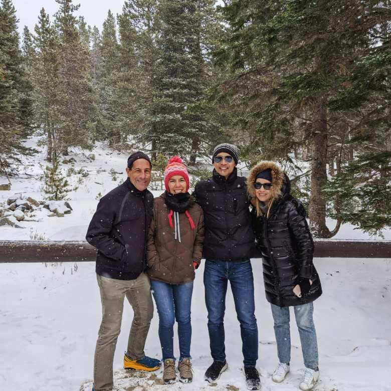 Pablo, Pilar, Felix, Andrea on snow-covered Bear Lake Trailhead