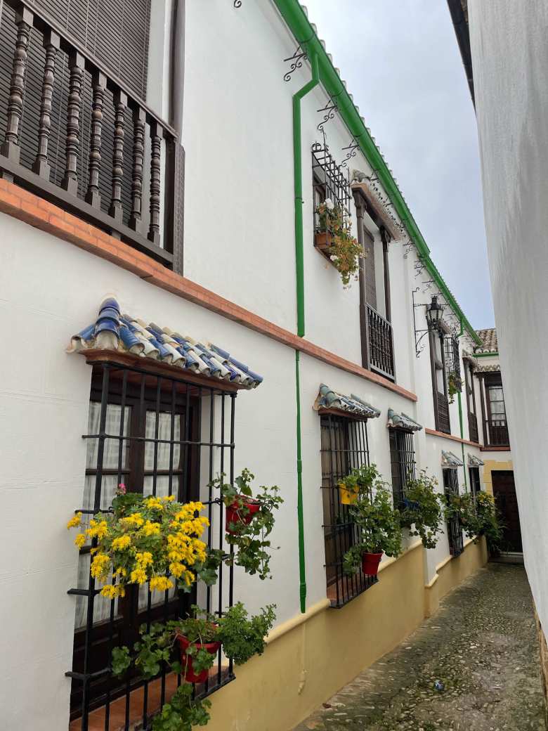 Flowers hung outside of the windows of a white house in Old Town of Ronda.