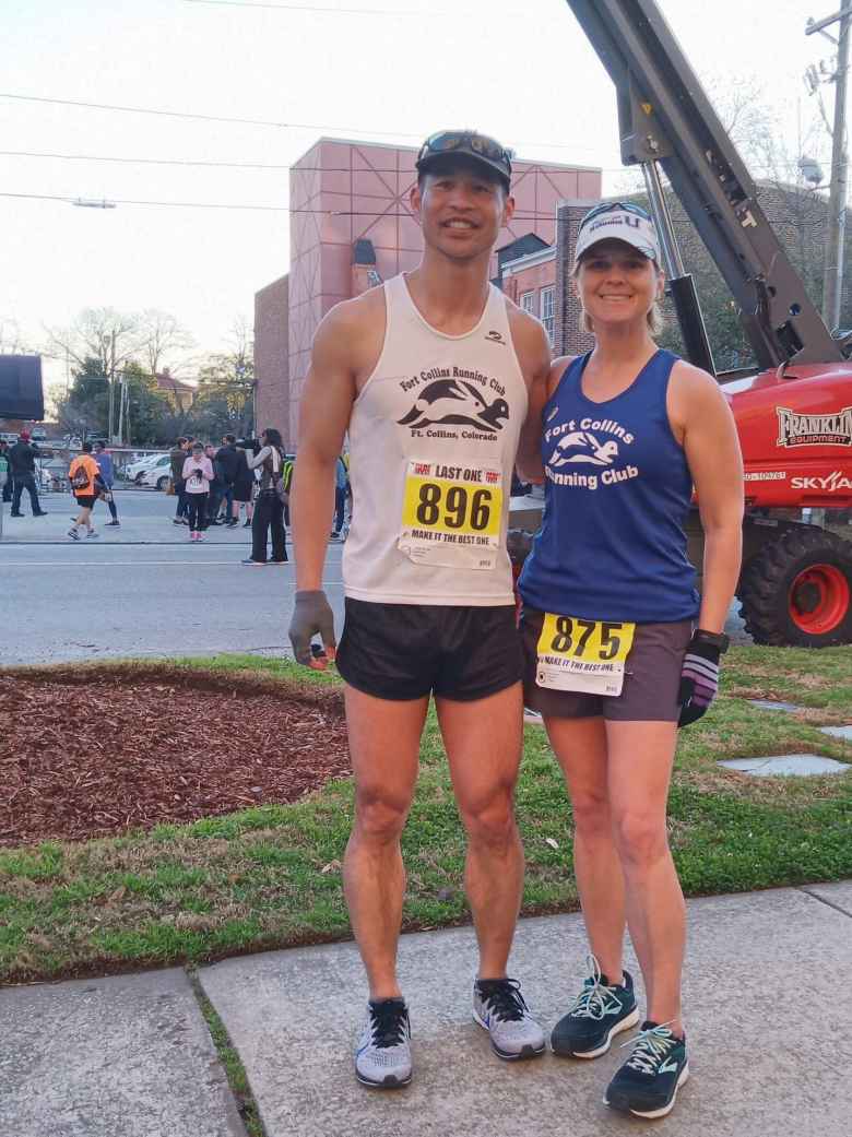 Felix Wong and Mel Sirois representing the Fort Collins Running Club at the 2020 Run Hard Columbia Marathon.