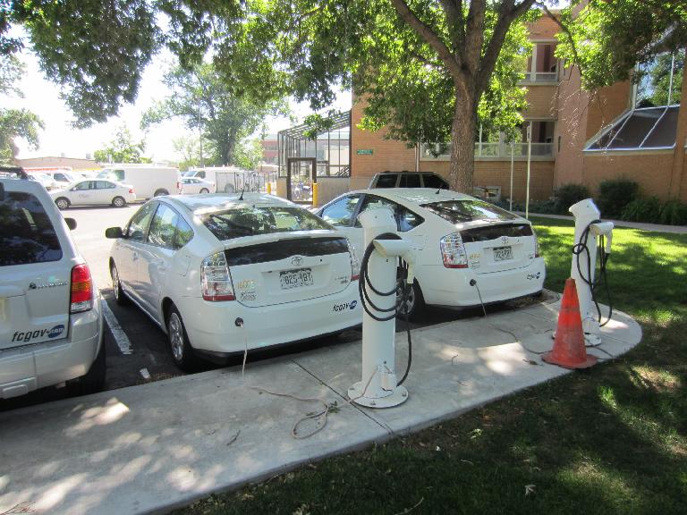 Meters away from the finish was the City of Fort Collins' electric charging stations for plug-in Toyota Priuses.