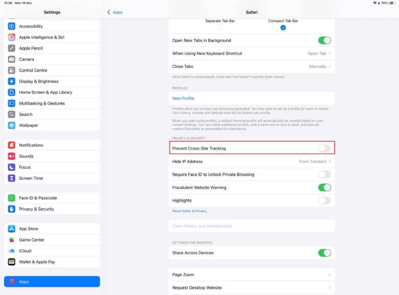 Where to toggle off Prevent Cross-Site Tracking for Safari.