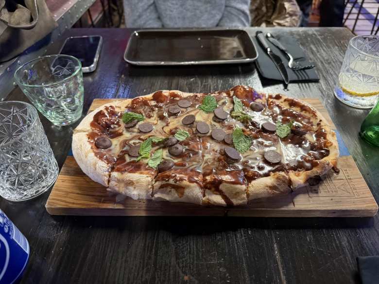 The chocolate pizza for dessert at Ocean Restaurant was huge, even though we ordered the small size.