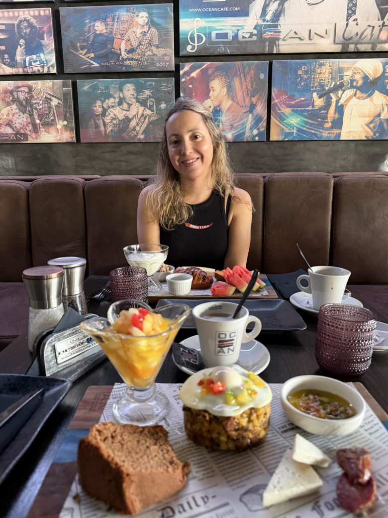 Andrea at breakfast at Ocean Café. I had the Cabo Verde breakfast, which included fruit salad, egg on cake of the day, chorizo, and herb sauce. Andrea had the Saudade breakfast, which included yogurt, cereals, flower honey, cheese ham, papaya and watermelon.