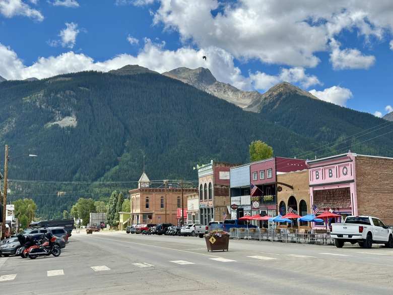 Downtown Silverton, Colorado, was surrounded by mountains.