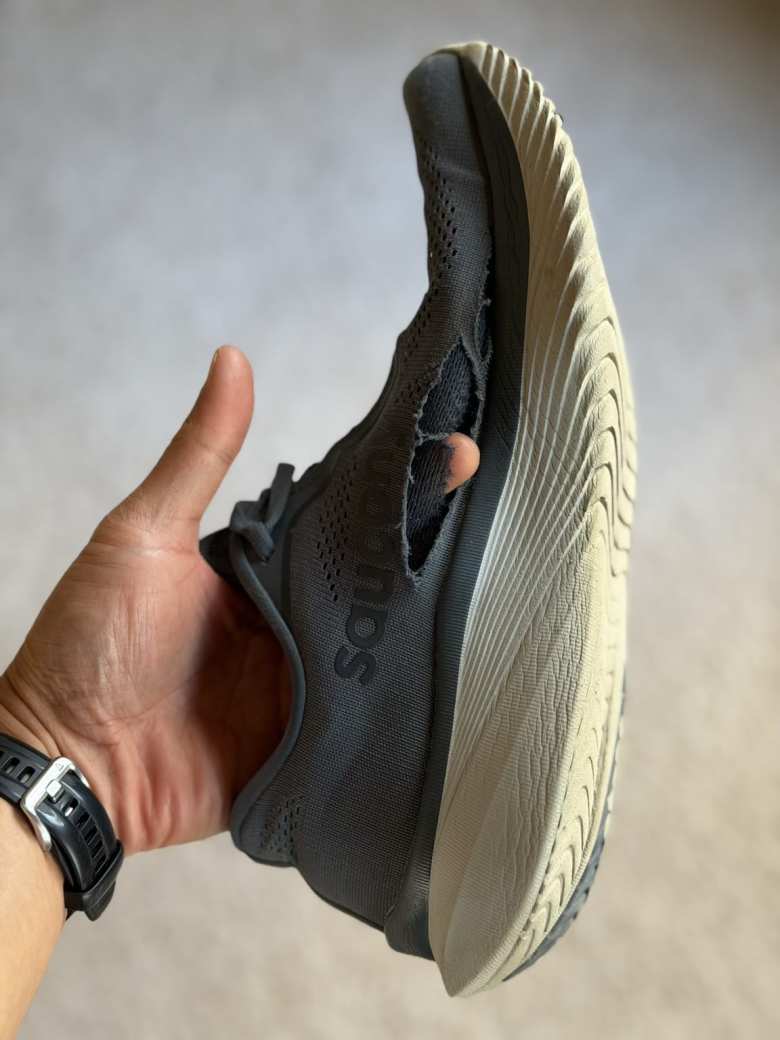 This Kinvara 15 shoe—shown with 653 miles—developed a tear on the upper after ~550 miles which became a full-blown hole sometime after.