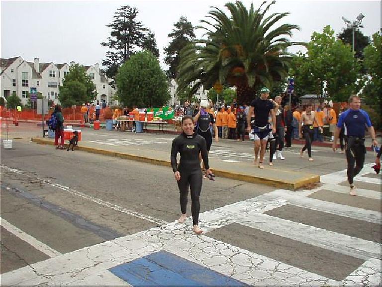 Today I got to be a spectator instead of a participant in the Santa Cruz Sentinel Triathlon, cheering sweet Sharon on.  Here is the woman of the hour herself!