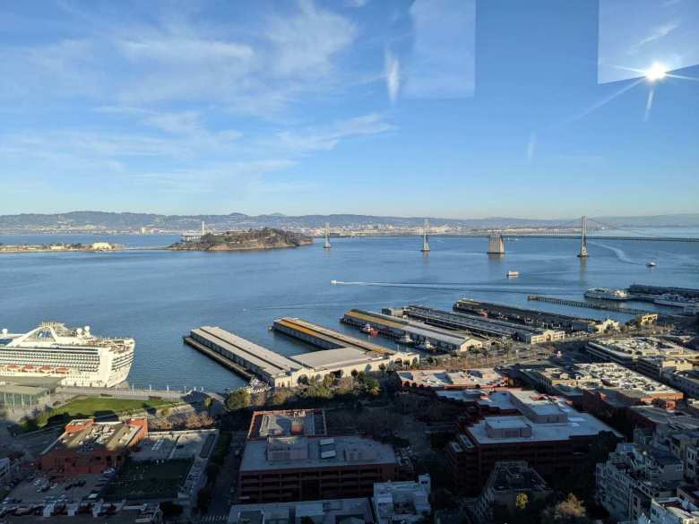 The view of the Embarcadero and Alcatraz from the top of Coit Tower.