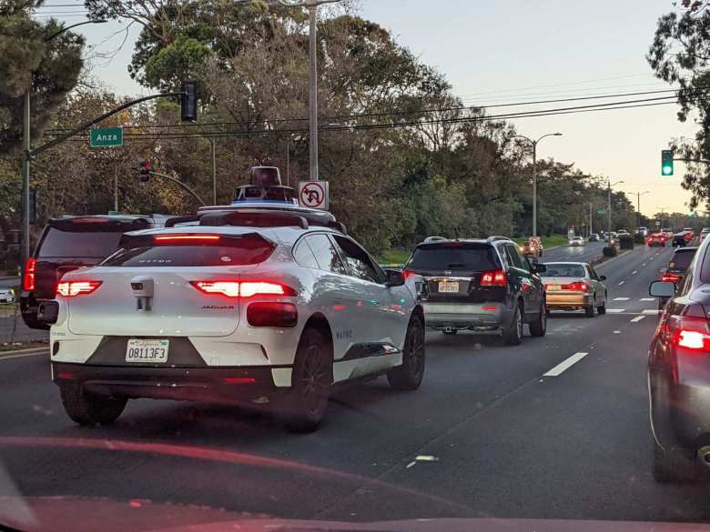 A Waymo Jaguar I-Pace autonomous vehicle in San Francisco.