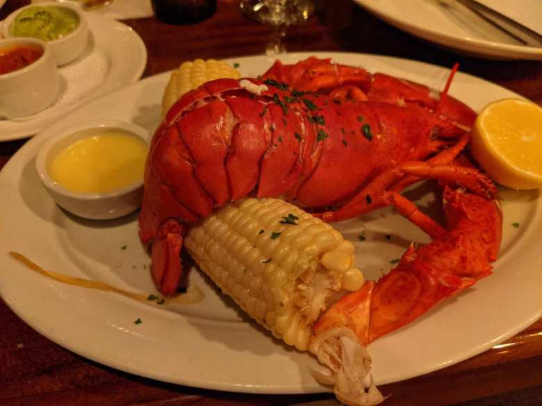 A lobster and corn on the cob at the Seafood Peddler in Sausalito.