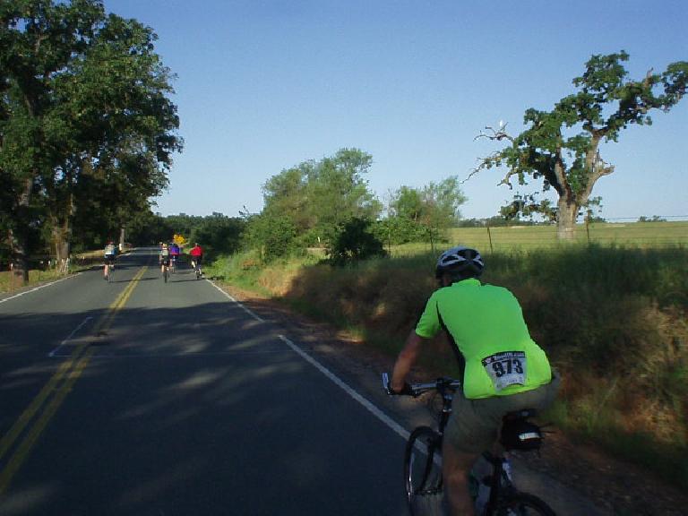 [Mile 18, 7:32 a.m.] Here's AJ cycling along during the first leg of the ride, when our overall average speed was still over 20 mph.  Belying his flat handlebars and 28mm-wide tires on his Marin cross bike, AJ proved to be amazingly strong and fast the entire ride.