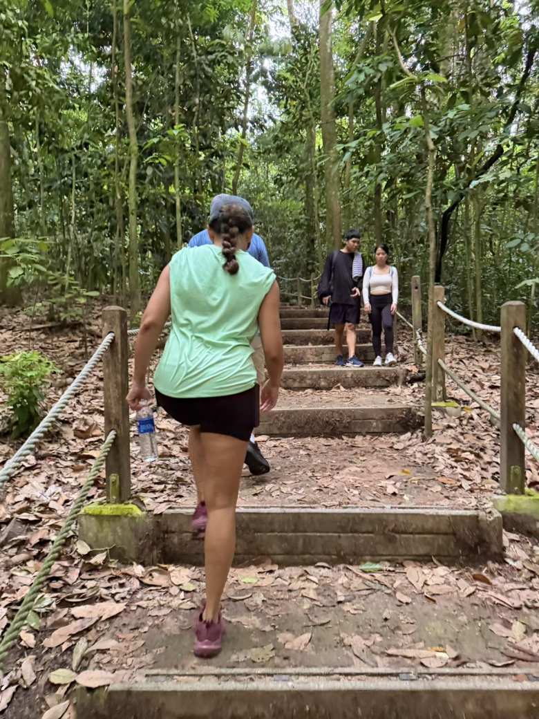 Leanne walking up a long series of stairs at Dairy Farm Nature Park.