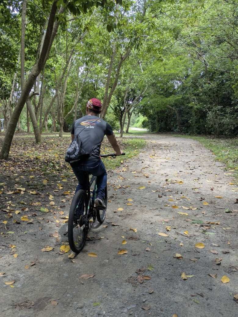 Felix riding a rental mountain bike at Pulau Ubin.