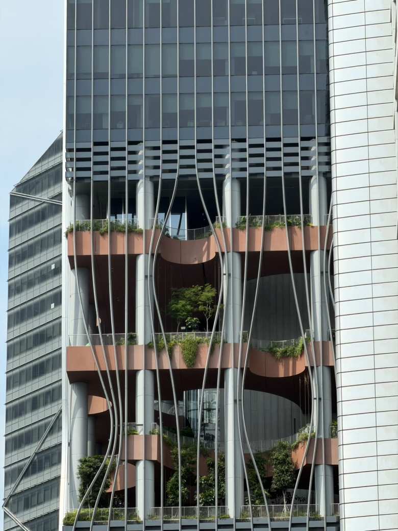There are more trees than people in Singapore. Even the sides and rooftops of many buildings had trees.