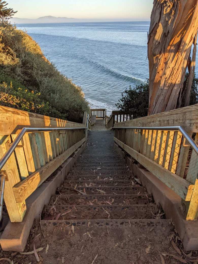 Stairs going down towards the Pacific Coast in Santa Barbara, California.